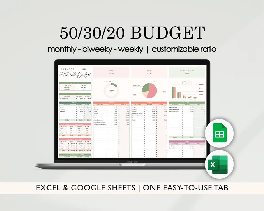50/30/20 Budget Template: Google Sheets & Excel Planner